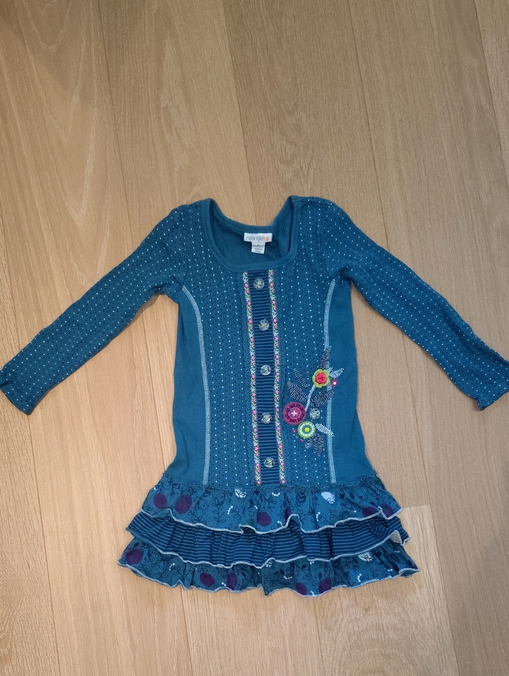 naartjie Teal Long-Sleeve Ruffle Dress with Floral Appliqué